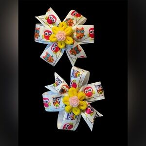 Owl Pattern Hair Barrettes With Yellow And Pink Flower Center New